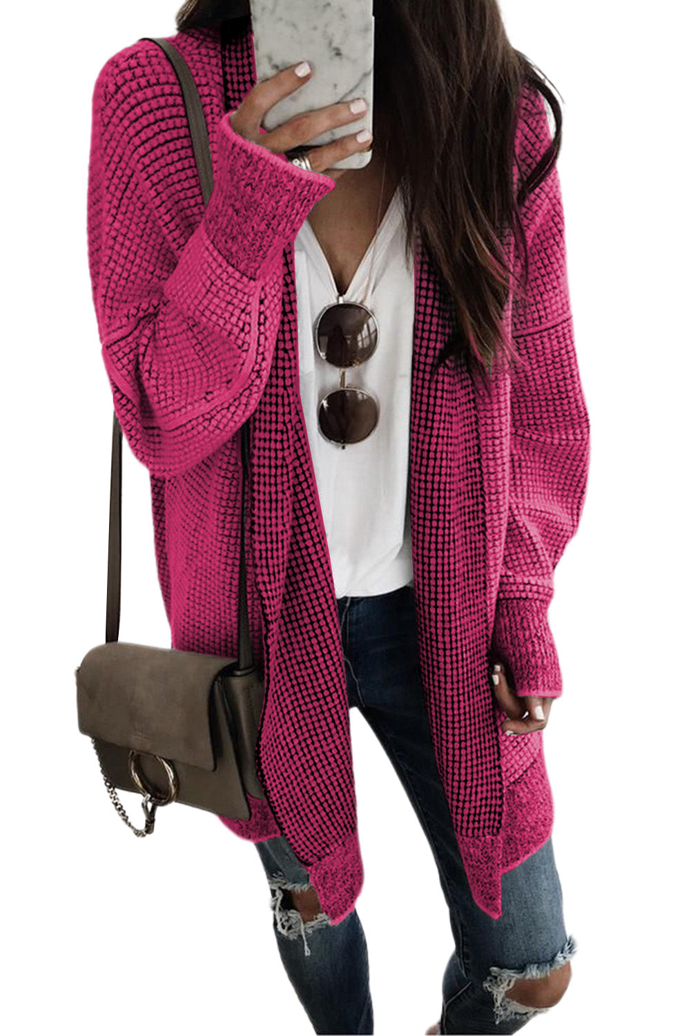 Pink Plaid Knitted Long Open Front Cardigan