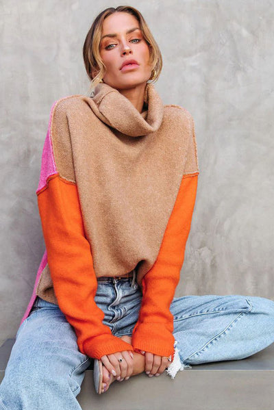 Khaki Color Block Turtle Neck Drop Shoulder Knit Sweater