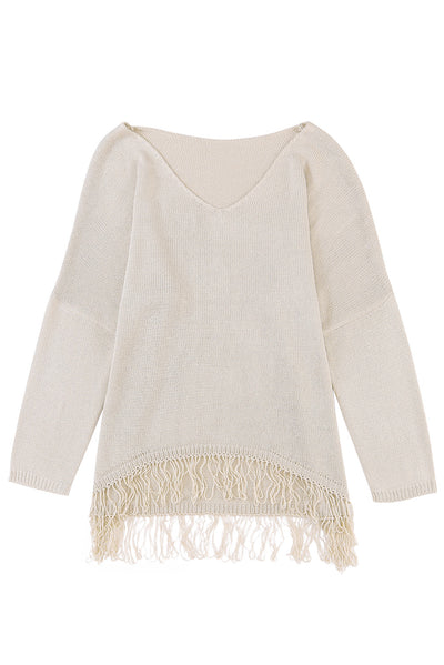 Khaki Lightweight Knit Fringe Hem Loose Sweater