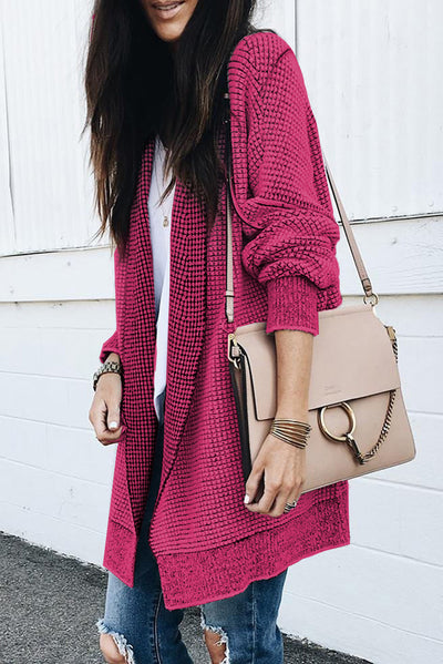 Pink Plaid Knitted Long Open Front Cardigan