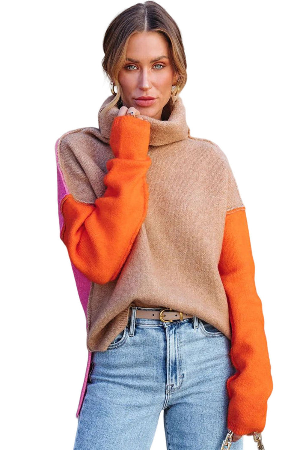 Khaki Color Block Turtle Neck Drop Shoulder Knit Sweater