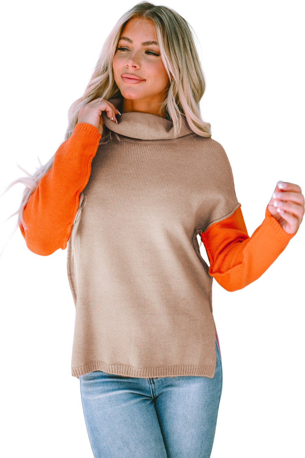 Khaki Color Block Turtle Neck Drop Shoulder Knit Sweater