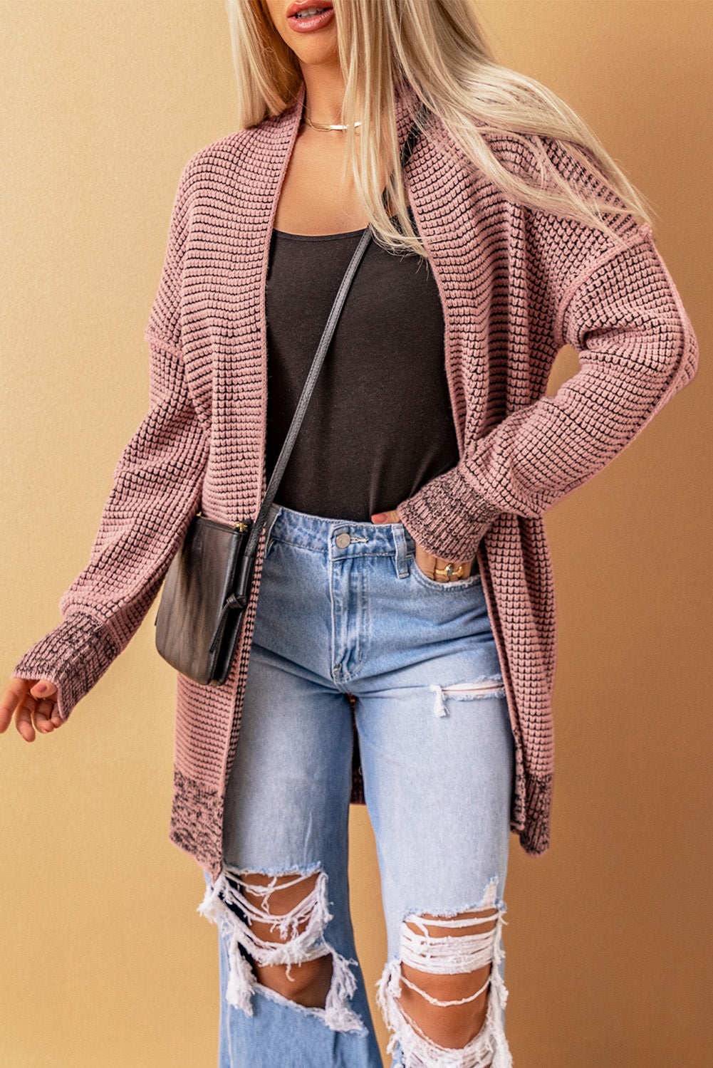 Pink Plaid Knitted Long Open Front Cardigan