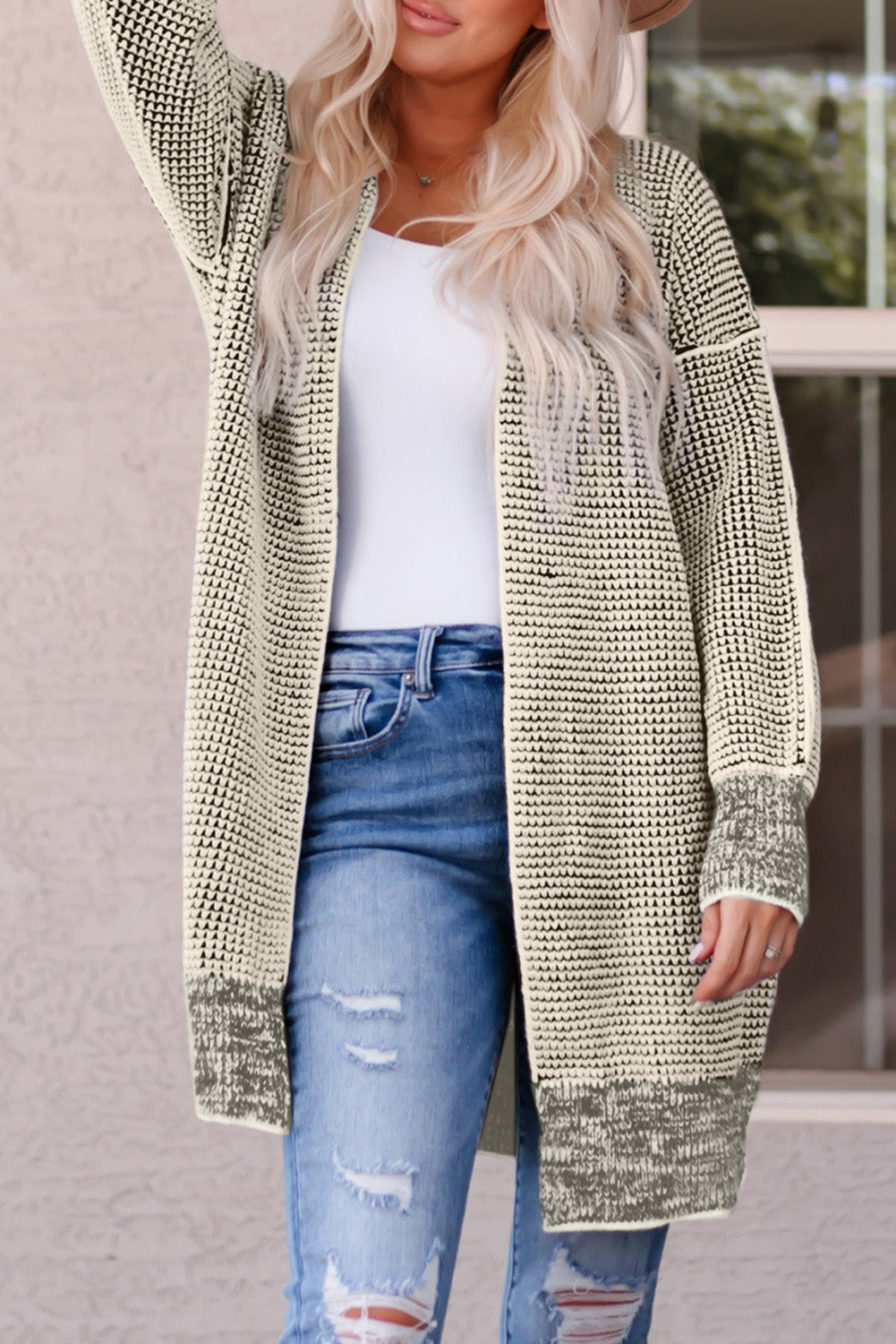 Pink Plaid Knitted Long Open Front Cardigan