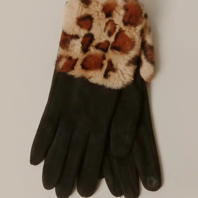 Suede Faux Fur Animal Print Cuff Gloves