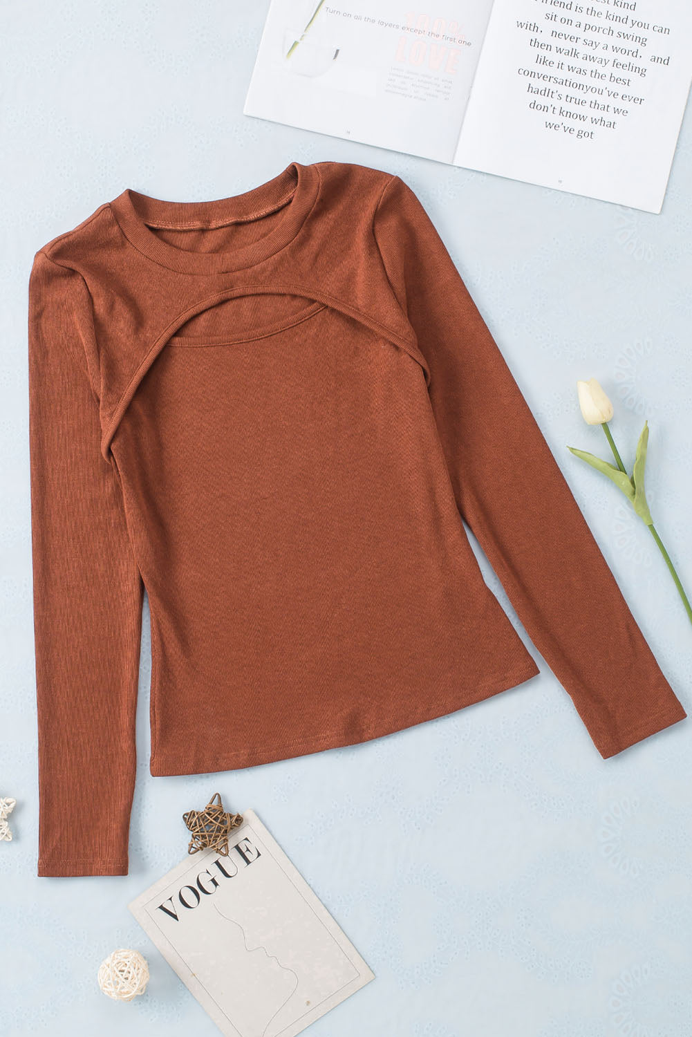 Brown Ribbed Peekaboo Cutout Long Sleeve Top