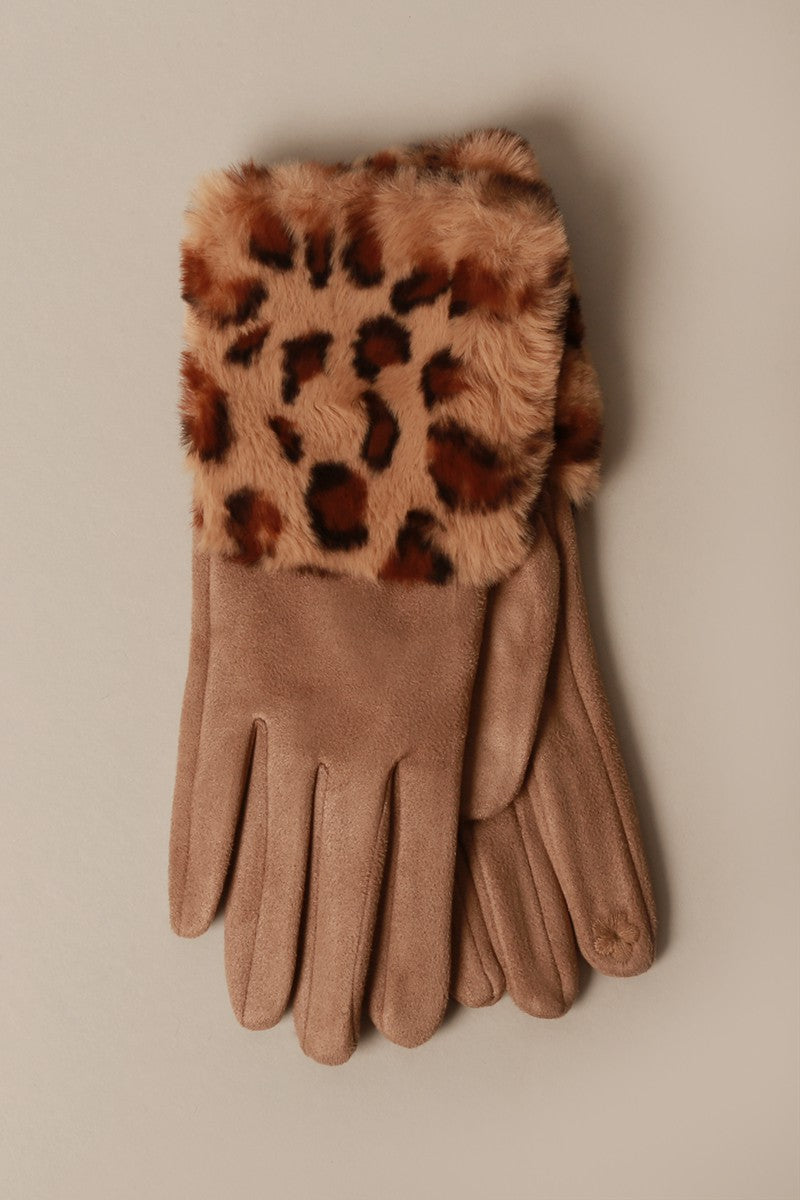 Suede Faux Fur Animal Print Cuff Gloves