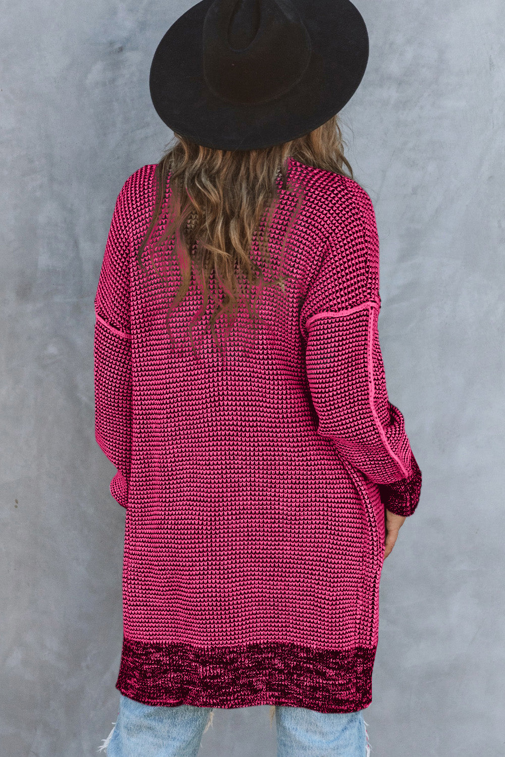 Pink Plaid Knitted Long Open Front Cardigan