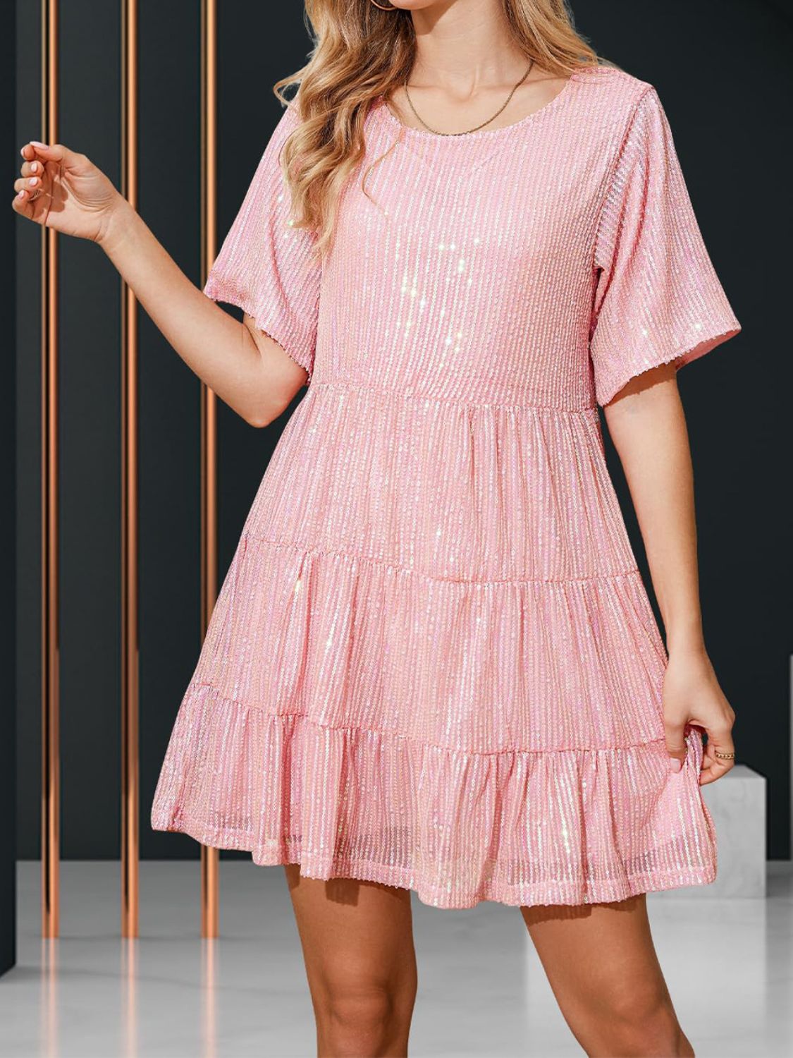 Sequin Round Neck Half Sleeve Mini Dress