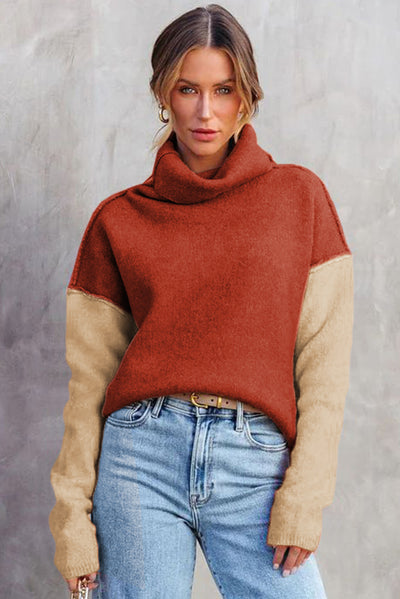 Khaki Color Block Turtle Neck Drop Shoulder Knit Sweater