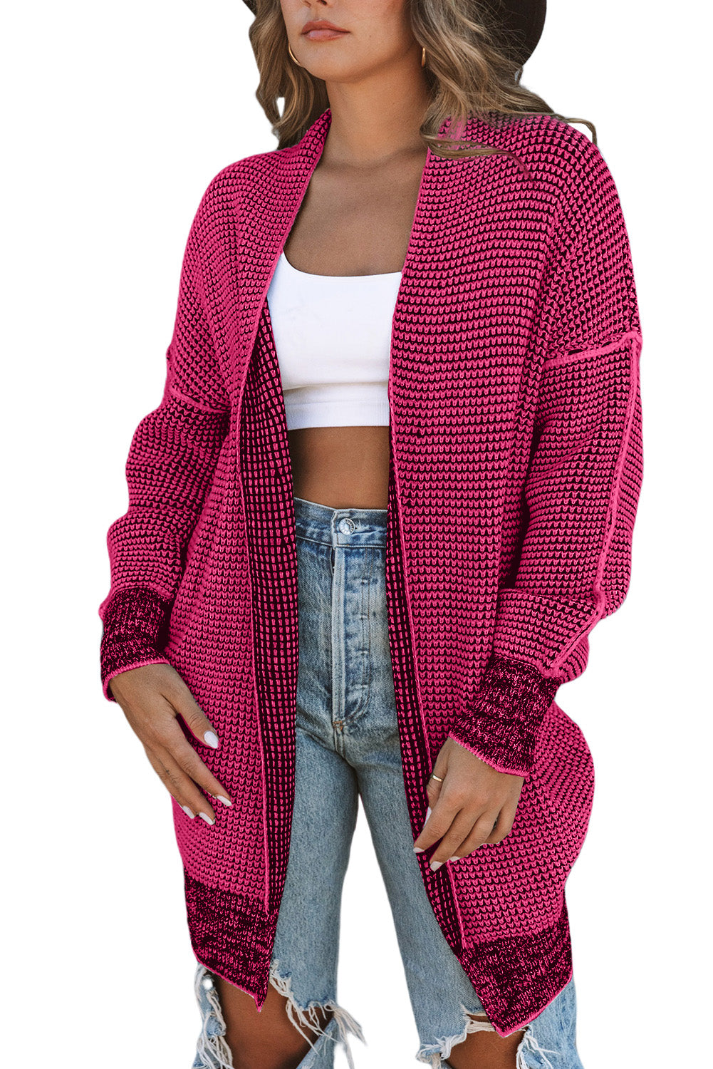 Pink Plaid Knitted Long Open Front Cardigan