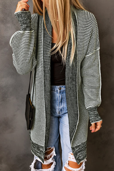 Pink Plaid Knitted Long Open Front Cardigan