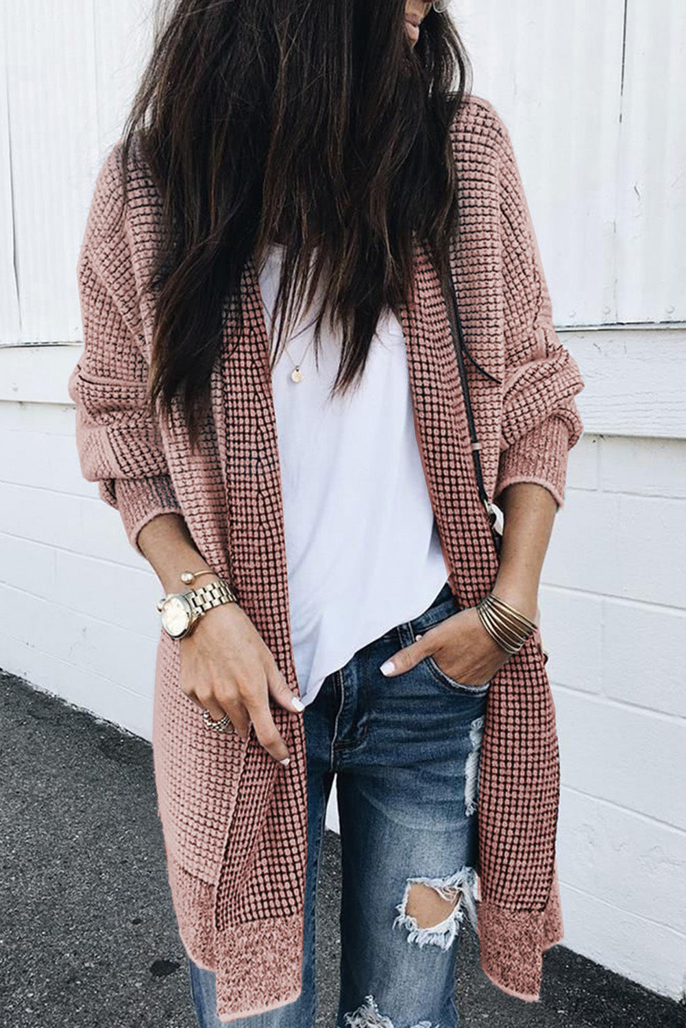 Pink Plaid Knitted Long Open Front Cardigan