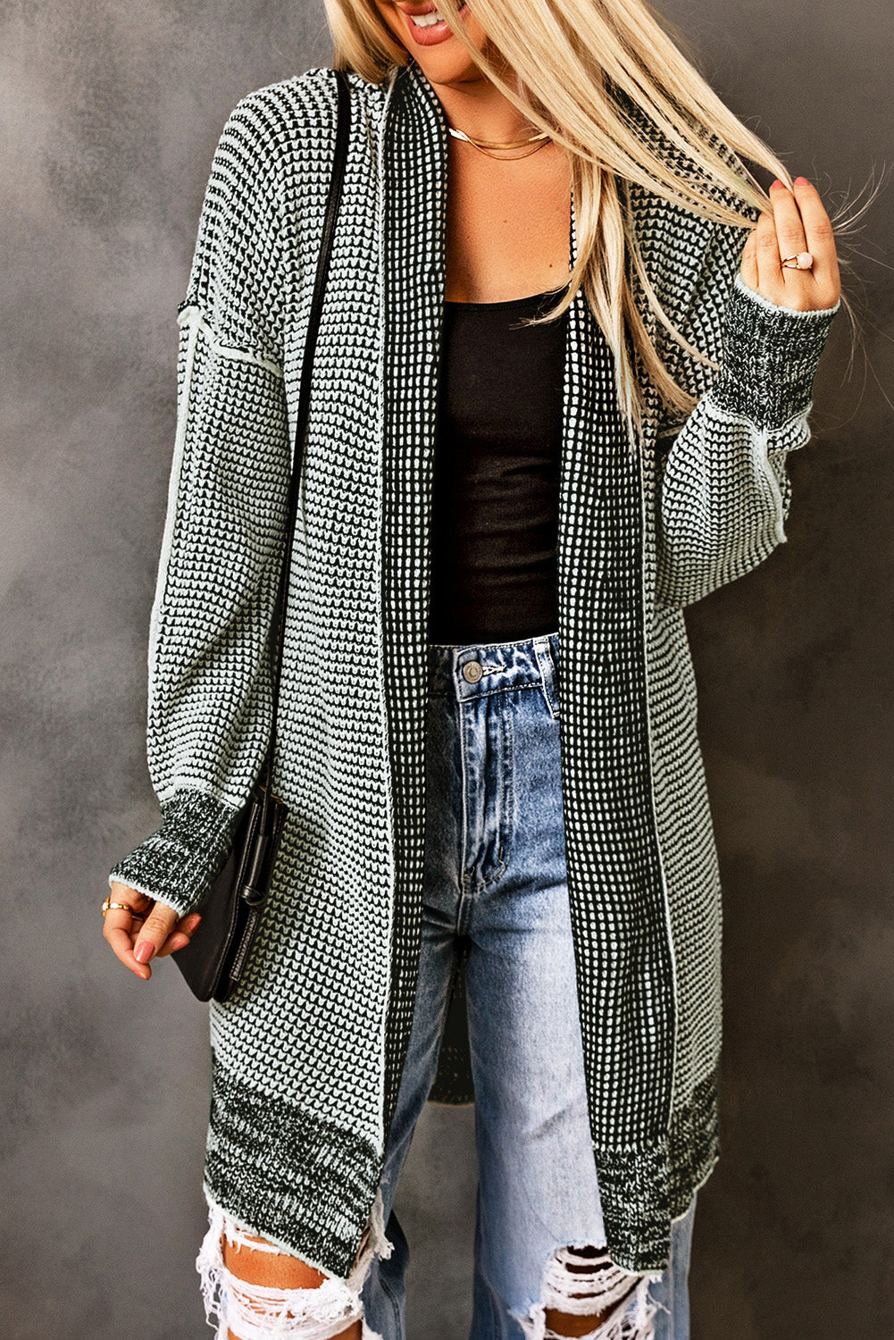 Pink Plaid Knitted Long Open Front Cardigan