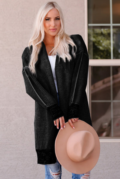 Pink Plaid Knitted Long Open Front Cardigan