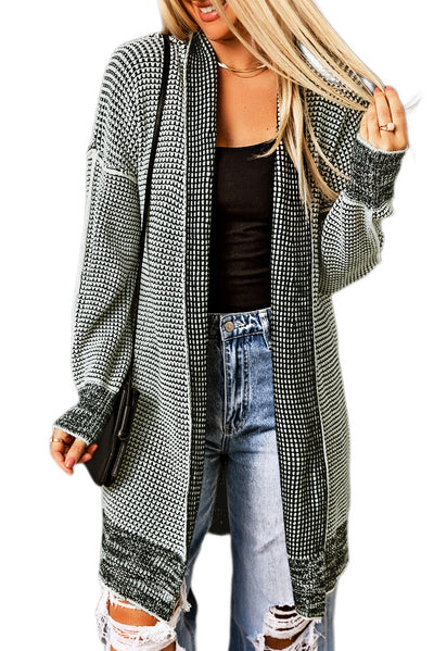 Pink Plaid Knitted Long Open Front Cardigan