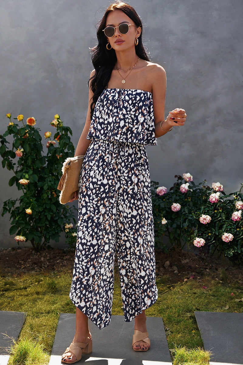 Strapless Ruffled Graphic Print Jumpsuit