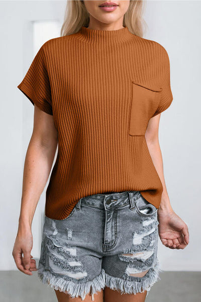 Ribbed Mock Neck Short Sleeve Knit Top