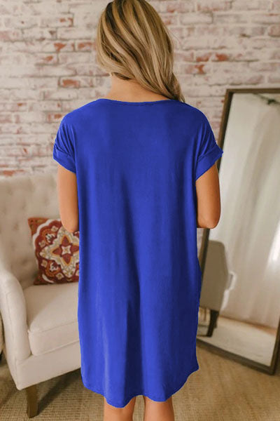 Blue V Neck Cuffed T-shirt Dress