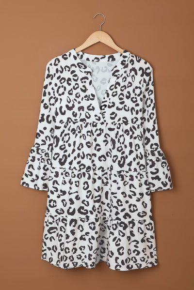 White Leopard Print V Neck Ruffle Swing Mini Dress
