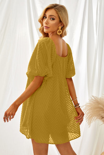 Yellow Square Neck Puff Sleeve Babydoll Mini Dress