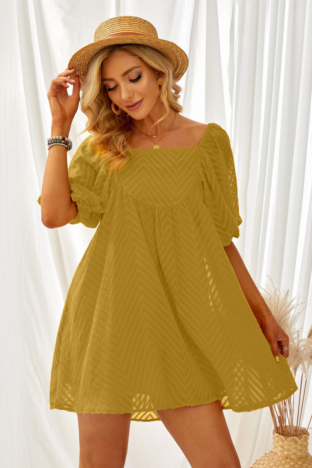 Yellow Square Neck Puff Sleeve Babydoll Mini Dress