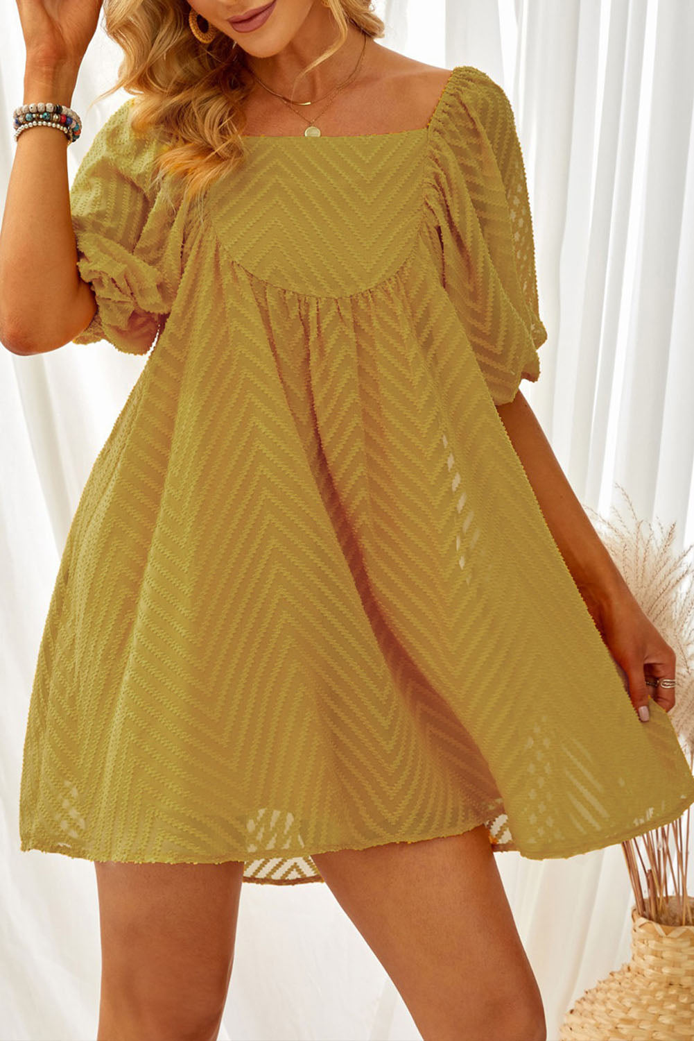 Yellow Square Neck Puff Sleeve Babydoll Mini Dress