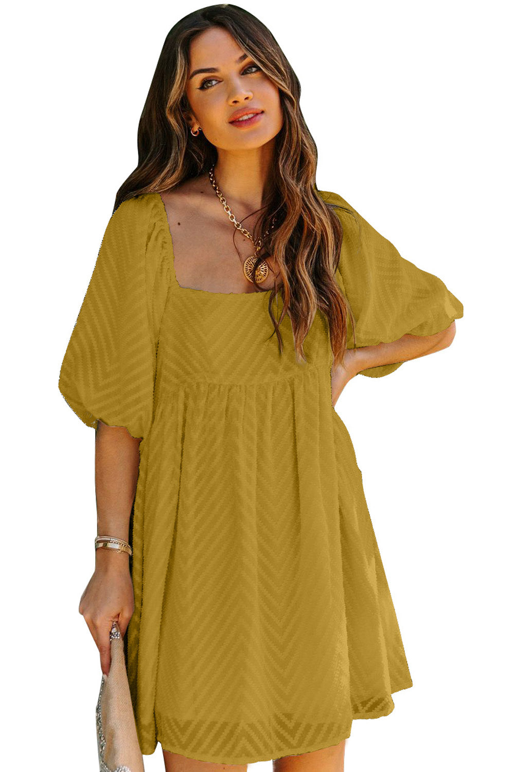 Yellow Square Neck Puff Sleeve Babydoll Mini Dress