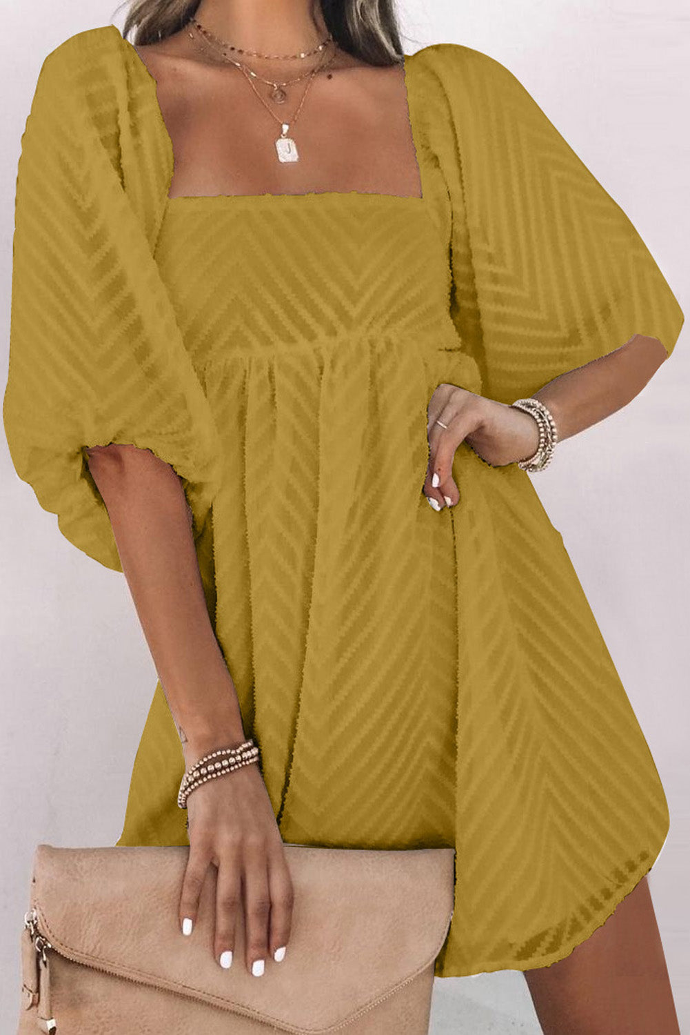 Yellow Square Neck Puff Sleeve Babydoll Mini Dress