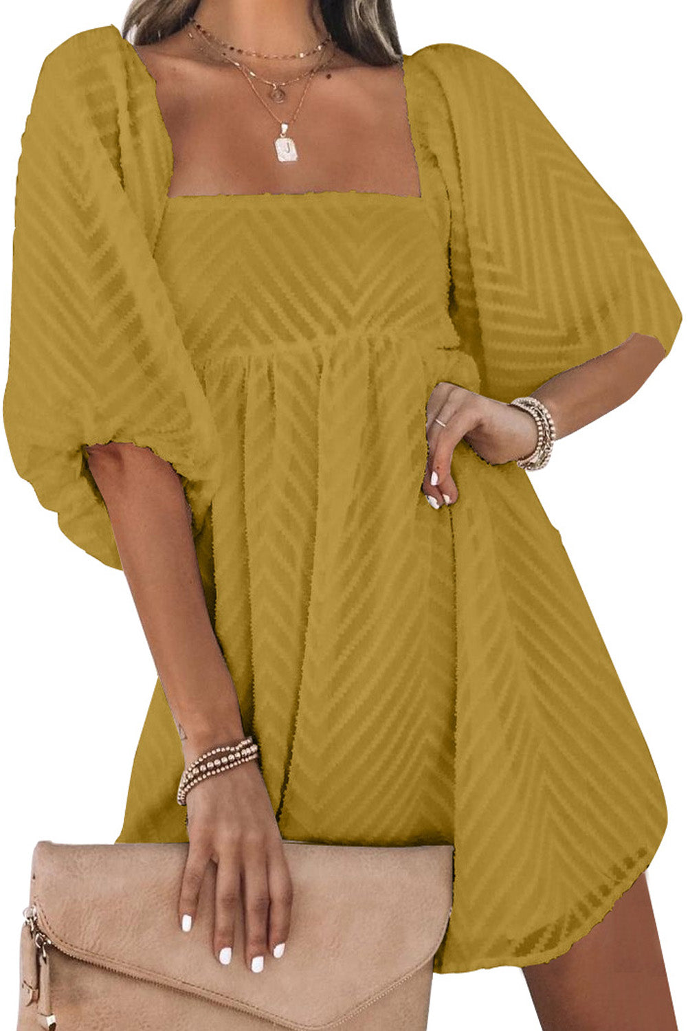 Yellow Square Neck Puff Sleeve Babydoll Mini Dress