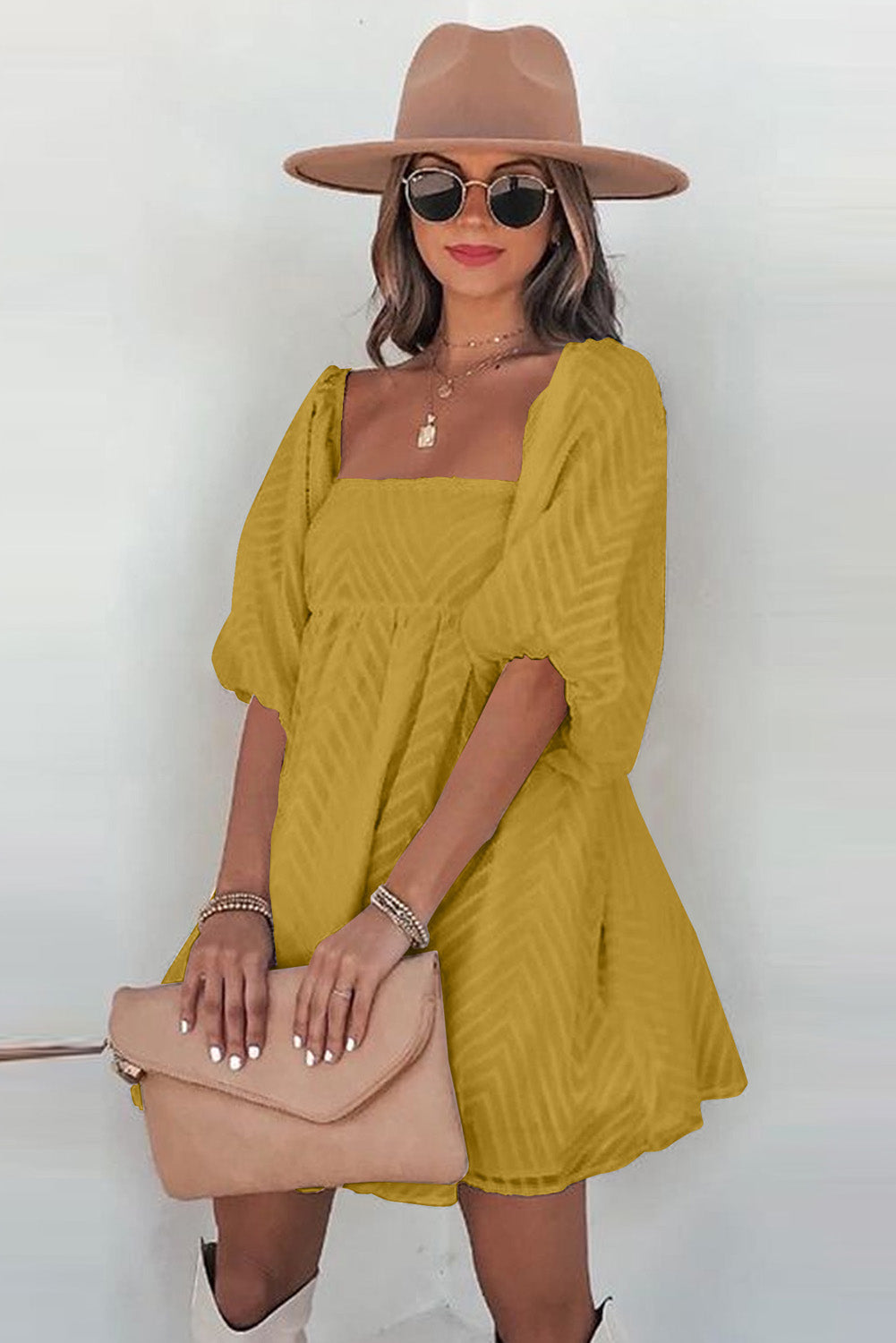 Yellow Square Neck Puff Sleeve Babydoll Mini Dress