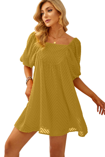 Yellow Square Neck Puff Sleeve Babydoll Mini Dress