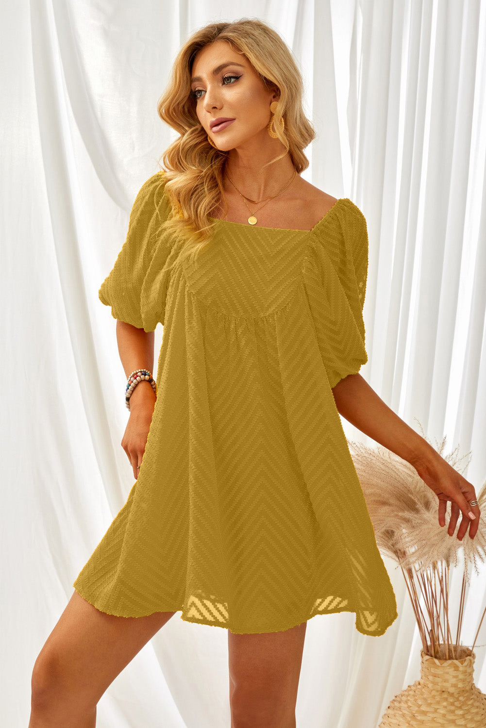 Yellow Square Neck Puff Sleeve Babydoll Mini Dress