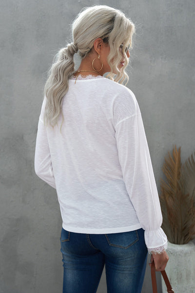 White Solid Color Lace V Neck Long Sleeve Top