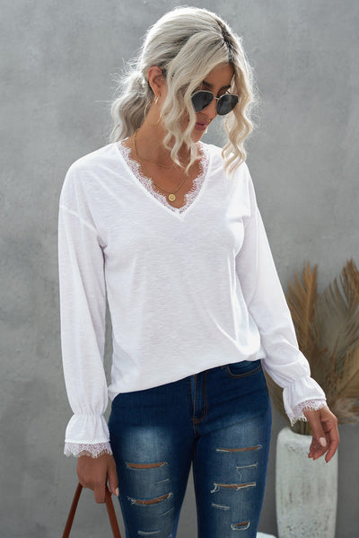 White Solid Color Lace V Neck Long Sleeve Top