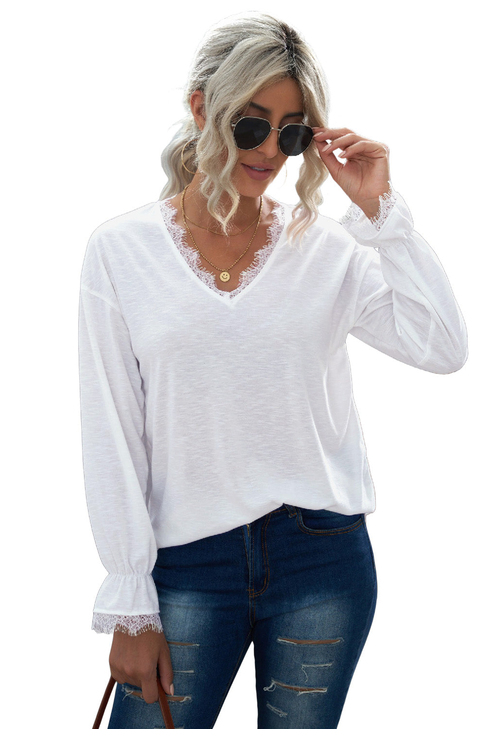 White Solid Color Lace V Neck Long Sleeve Top