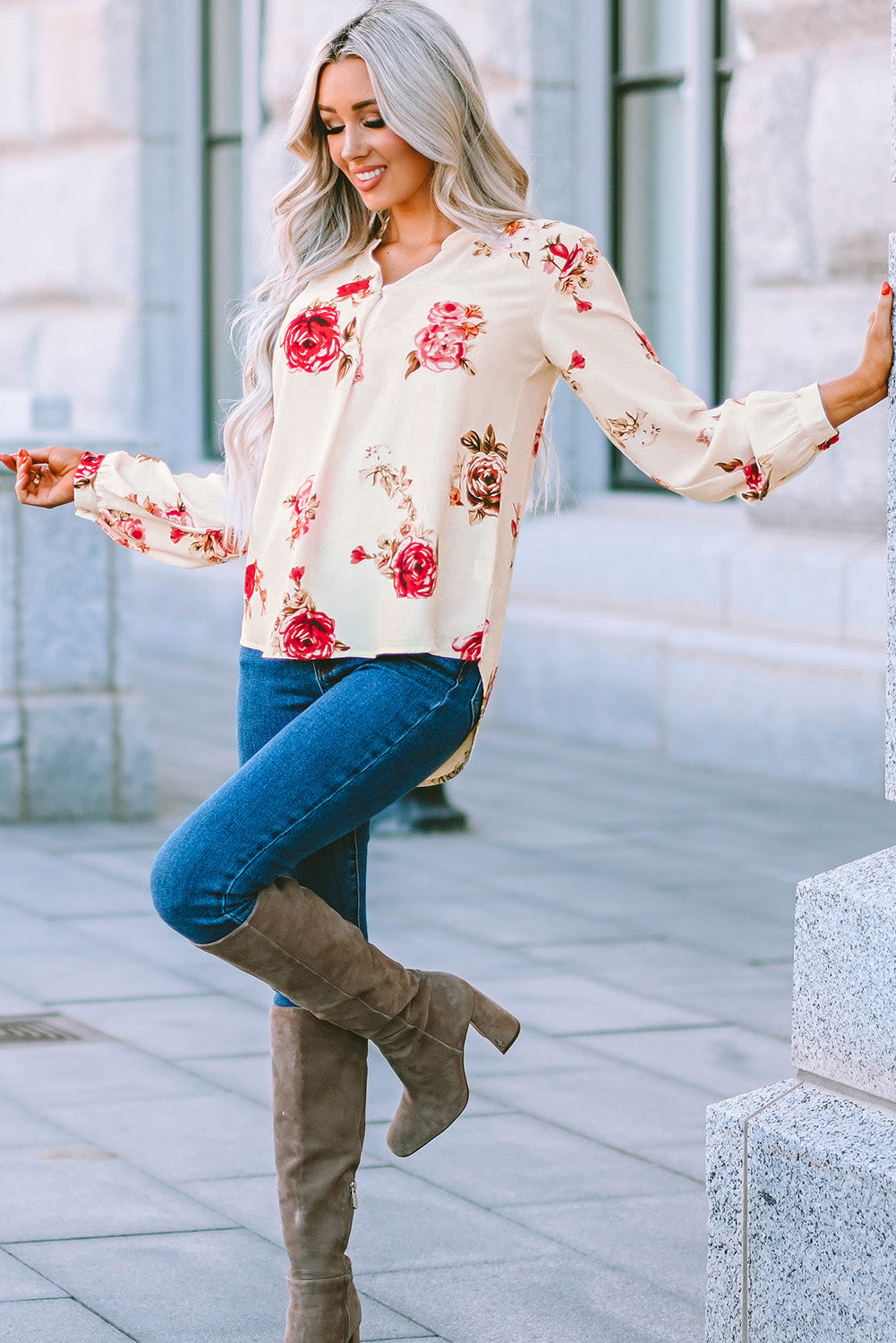 Beige Floral Print V Neck Button Down Blouse