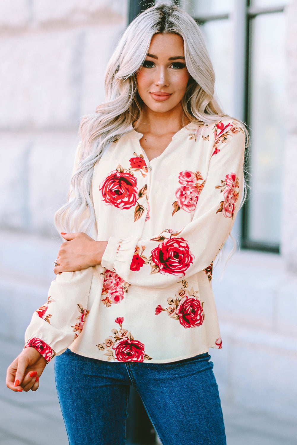 Beige Floral Print V Neck Button Down Blouse