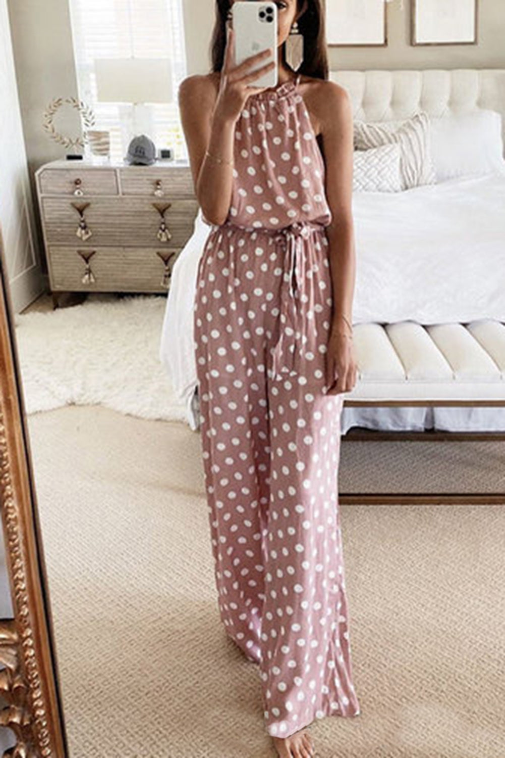 Pink Polka Dot Chiffon Overall Jumpsuit