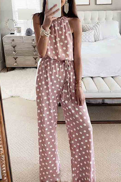 Pink Polka Dot Chiffon Overall Jumpsuit