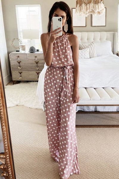 Pink Polka Dot Chiffon Overall Jumpsuit