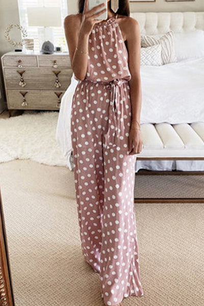 Pink Polka Dot Chiffon Overall Jumpsuit