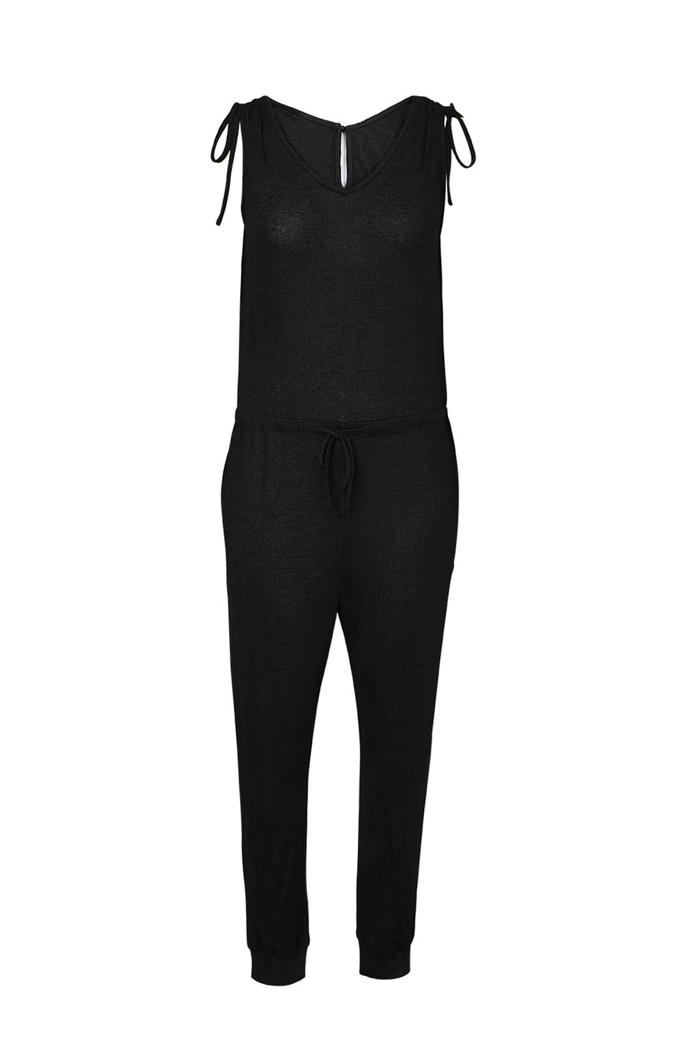 Black V Neck Tied Drawstring Sleeveless Jumpsuit