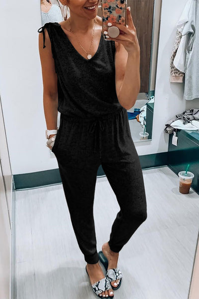 Black V Neck Tied Drawstring Sleeveless Jumpsuit