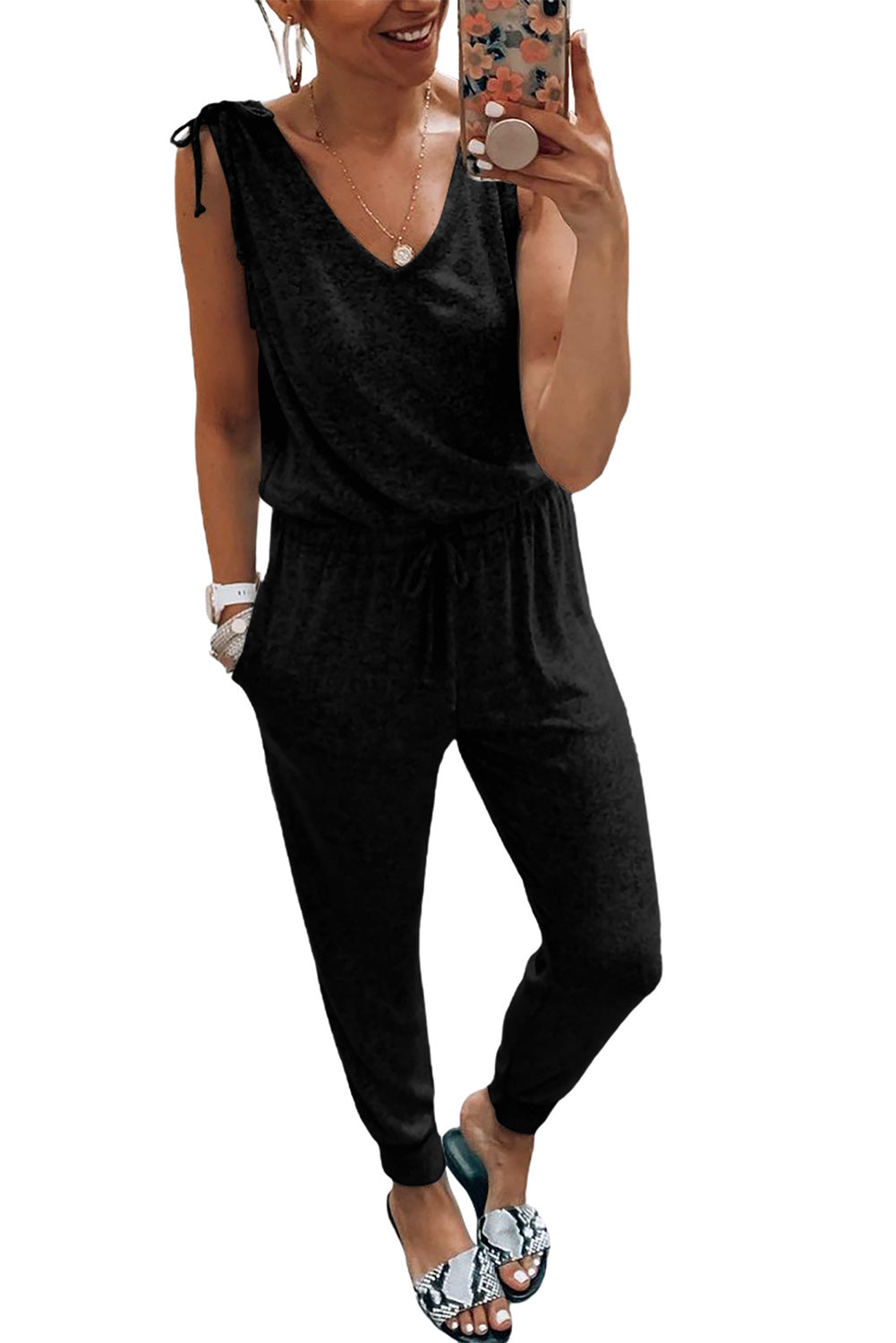 Black V Neck Tied Drawstring Sleeveless Jumpsuit