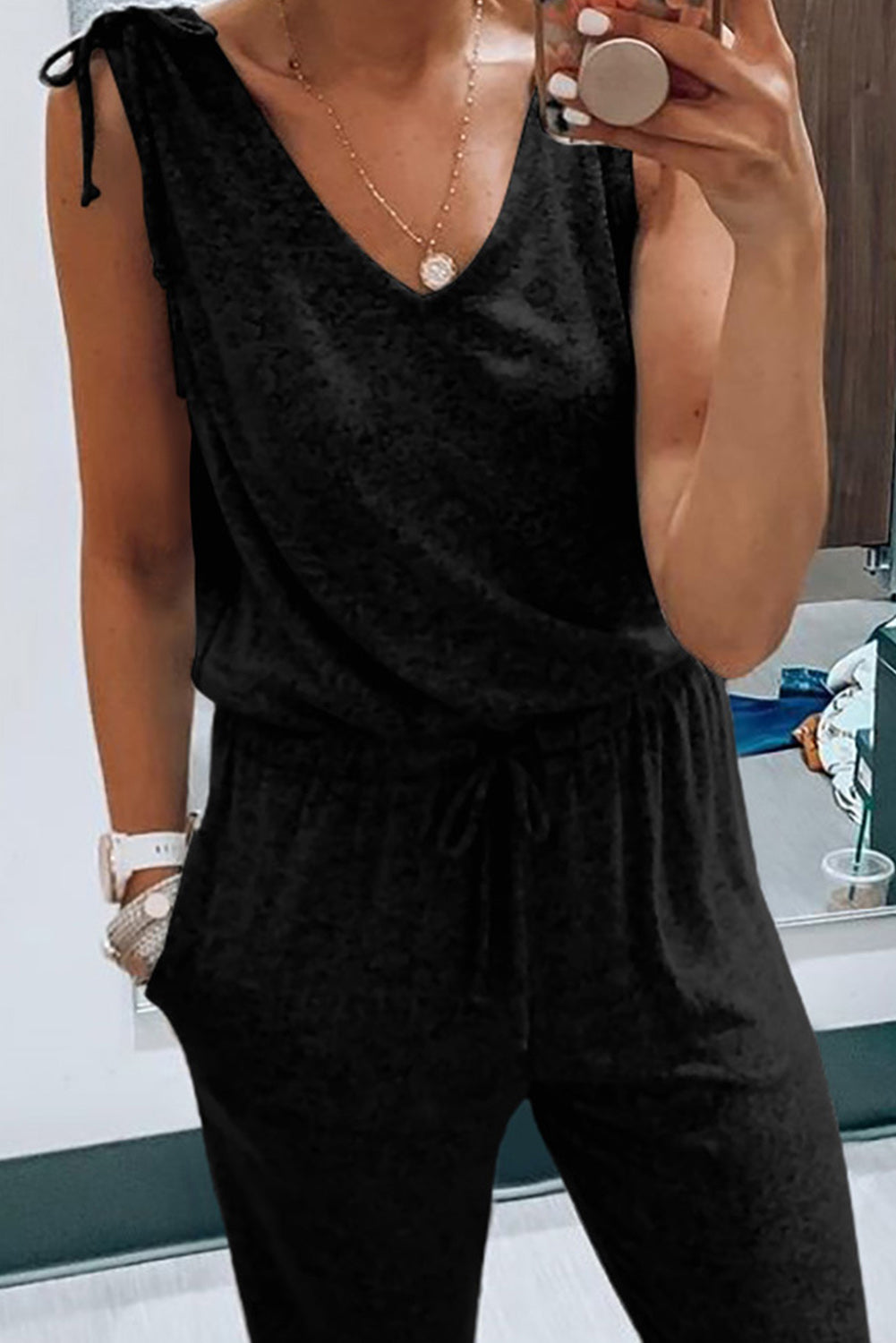 Black V Neck Tied Drawstring Sleeveless Jumpsuit