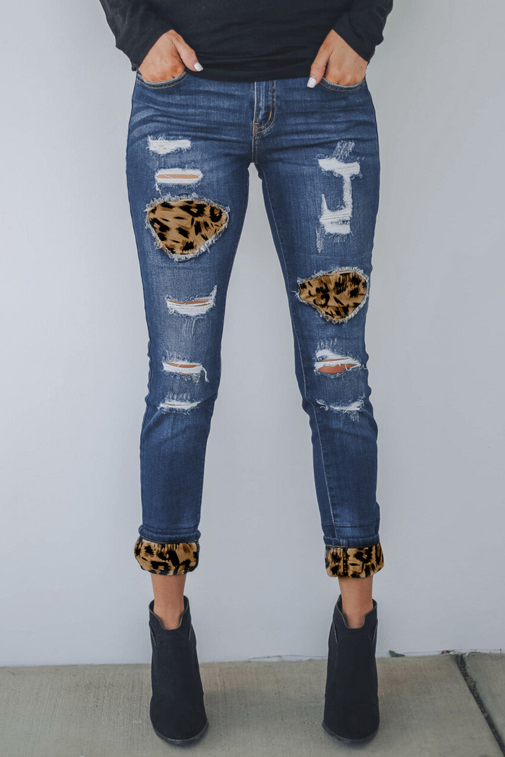 Mid Rise Leopard Patch Distressed Ankle Skinny Jeans – Simply